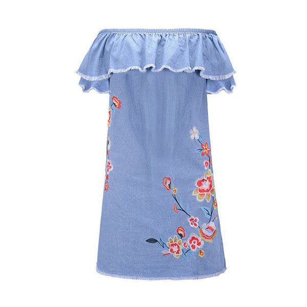 Fashion Women Off-the-shoulder Ruffled Embroidery Design Raw Hem Denim Dress