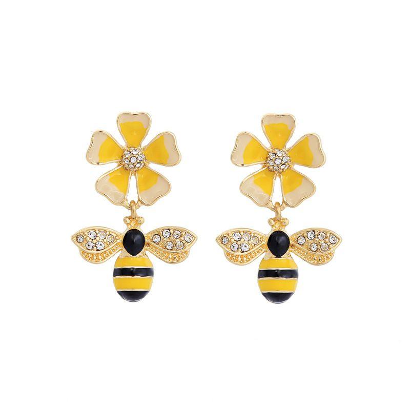 Cute Enameled Flower Bee Shaped Women Alloy Stud Earrings