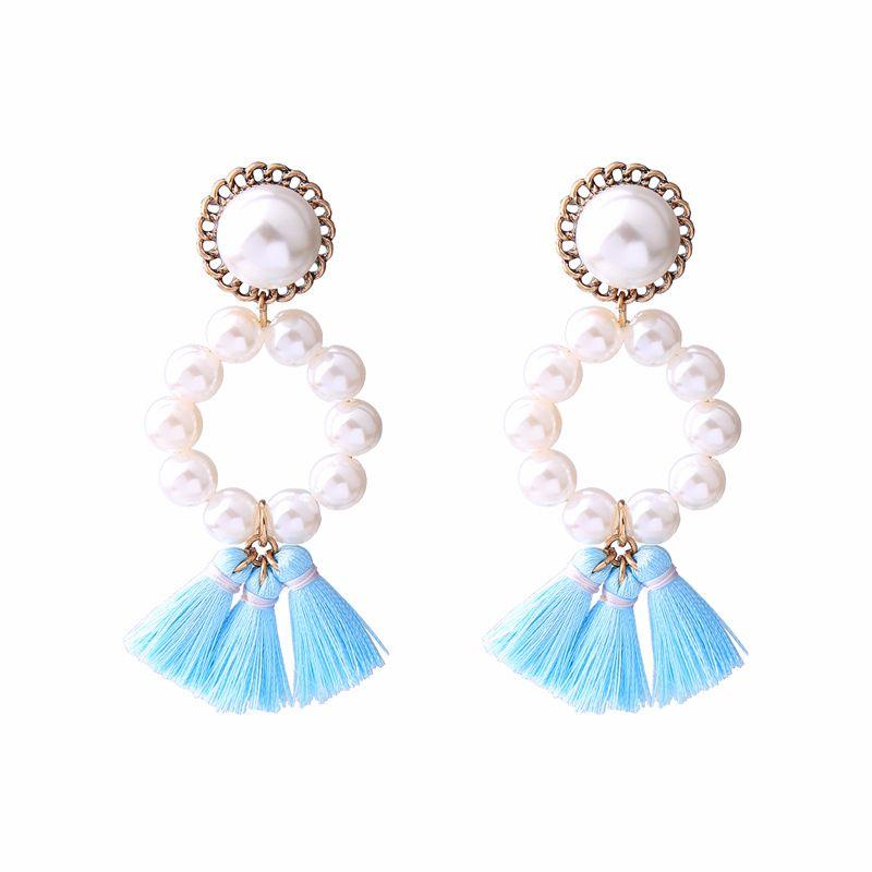 Fresh Color Tassel Design Women Pearl Earrings