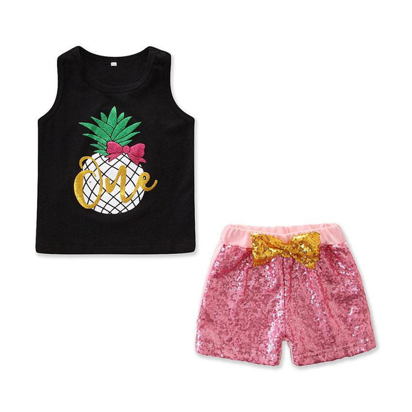 2 Pcs Girl Cute Pineapple Print Tanks And Sequin Shorts