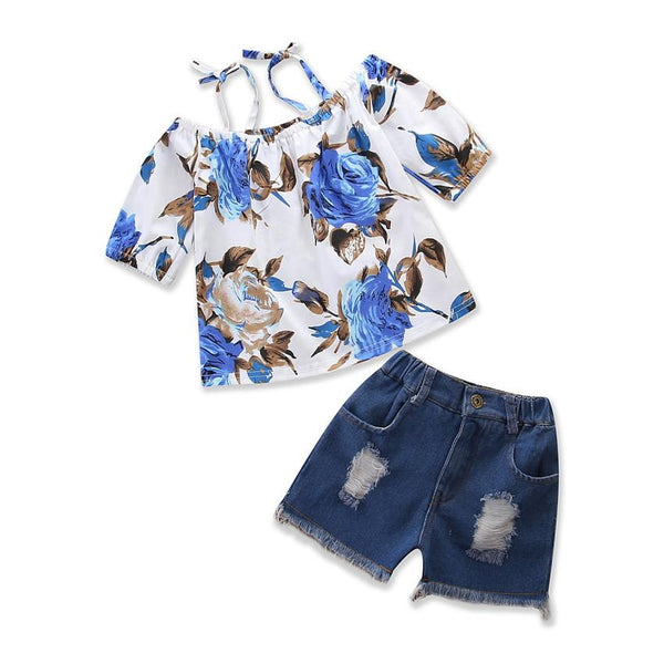 2 Pcs Girl Rose Print Spaghetti Strap Tops And Denim Shorts