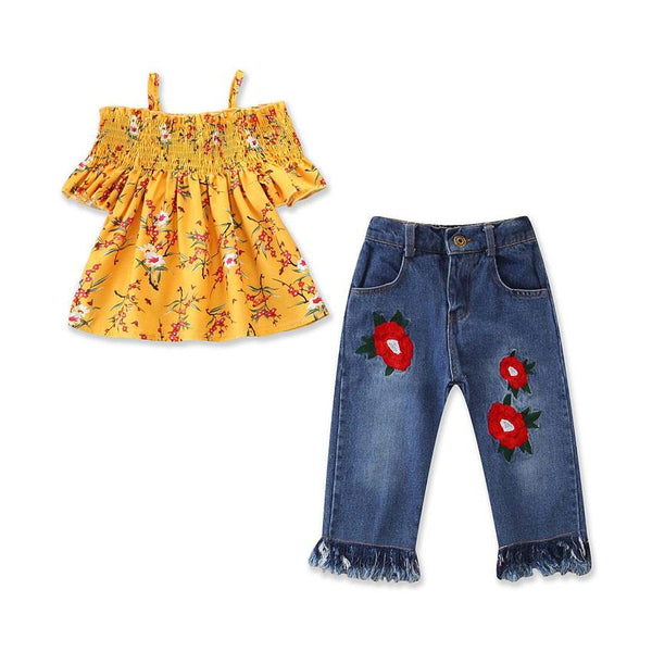 2 Pcs Girl Spaghetti Strap Tops And Tassel Denim Jeans