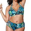 Women Fashion Halter Pattern Design Leaf Print High-waisted Two-Pieces Swimsuit