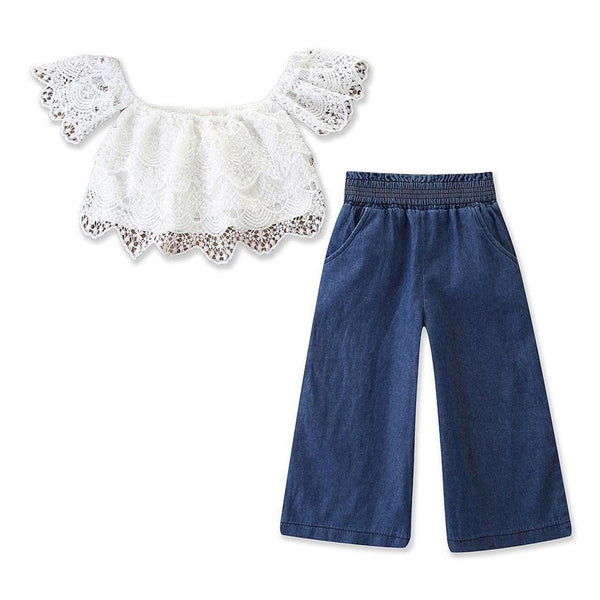 2 Pcs Girl Off-shoulder Lace Tops And Denim Loose Pants