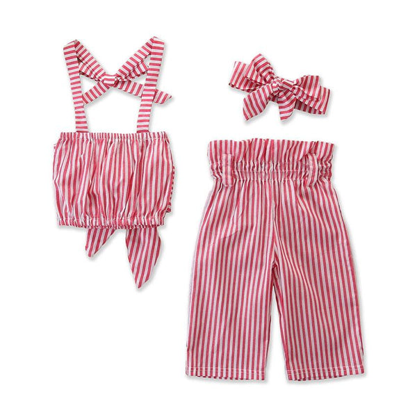 3 Pcs Girl Fashion Halter Tops And Stripe Print Pants And Headwear