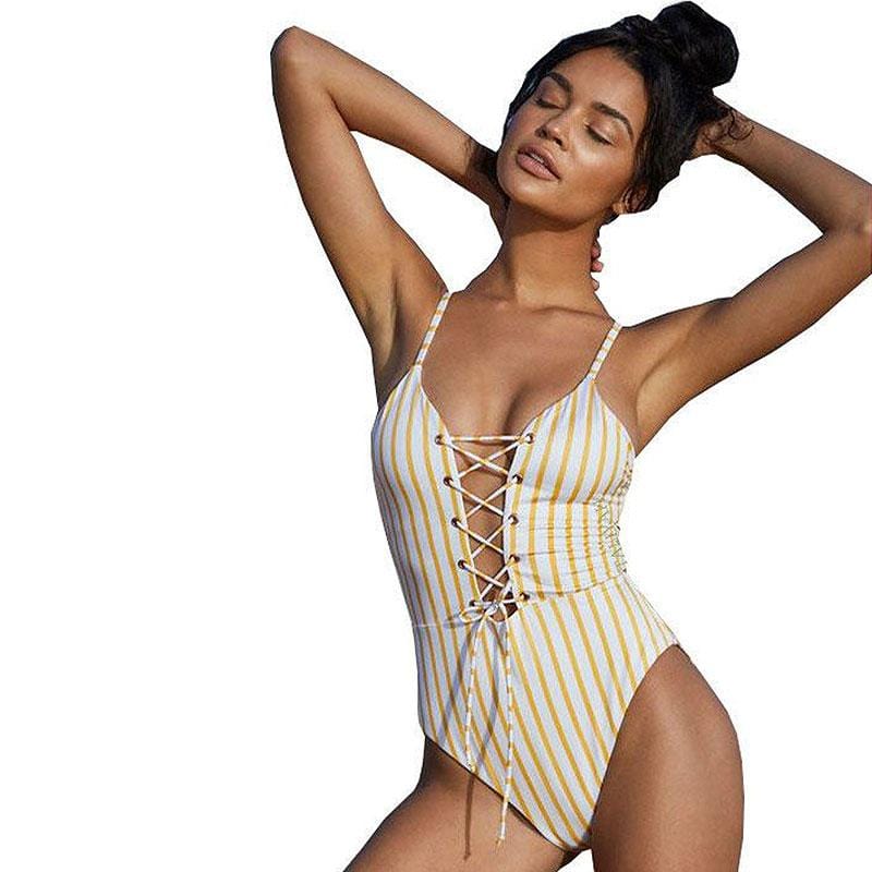 Women Fashion Lace-up Design Stripe Print One-piece Swimwear