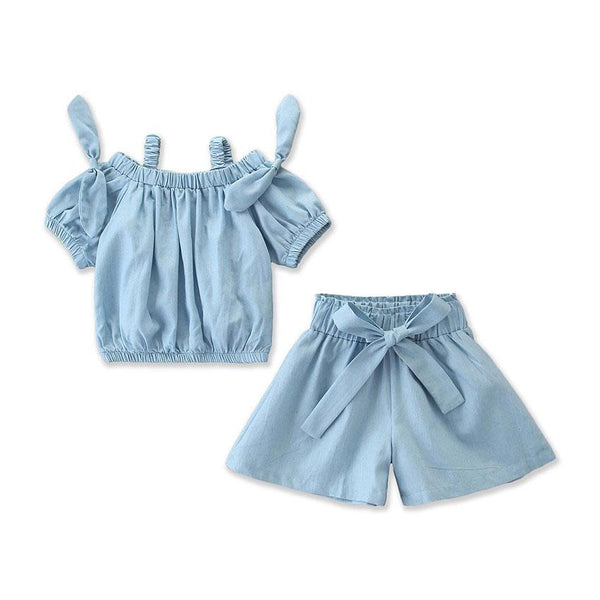 2 Pcs Girl Spaghetti Strap Denim Short Sleeves Tops And Shorts Set