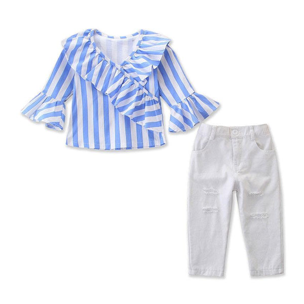 2 Pcs Girl Stripe Print Lace Tops And Ripped Jeans
