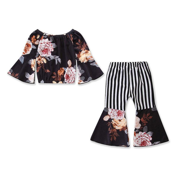 2 Pcs Girl Flare Sleeve Tops And Patchwork Pants