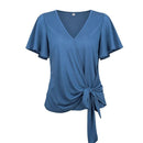 Women Casual Loose V Neck Loose Sleeve Knotted Solid Color T-shirt