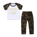 2 Pcs Girl Letter Print Short Sleeves Tops And Camouflage Print Pants