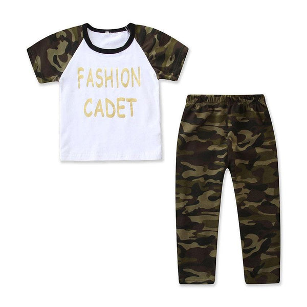 2 Pcs Girl Letter Print Short Sleeves Tops And Camouflage Print Pants