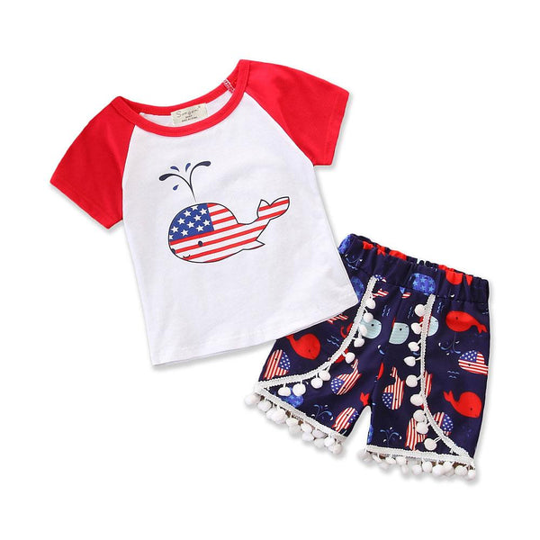 2 Pcs Child Shark Print T-shirts And Pompom Design Shorts