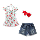 3 Pcs Girl Strawberry Print Strap Tops And Denim Shorts And Headband