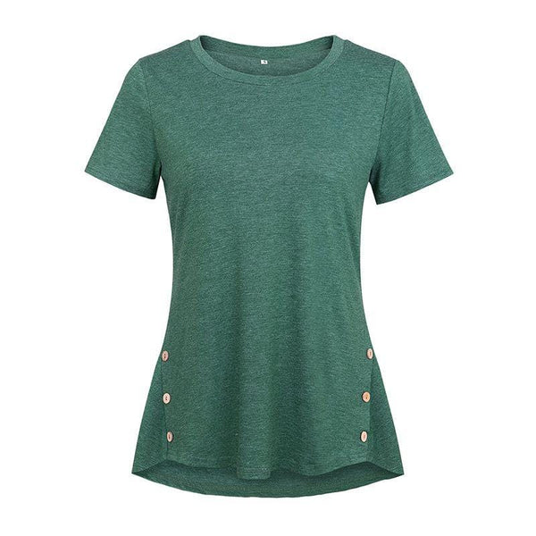 Women Casual Loose Pattern Solid Color O Neck Short-sleeve Buttoned T-shirt