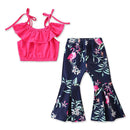 2 Pcs Girl Spaghetti Strap Tops And Leaves Print Flare Pants