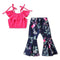 2 Pcs Girl Spaghetti Strap Tops And Leaves Print Flare Pants