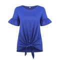 Hot Sale Women Round Neck Ruffled Short Sleeve Knotted Solid Color T-shirt