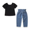 2 Pcs Girl Backless Short Sleeves Tops And Defined Waist Jeans