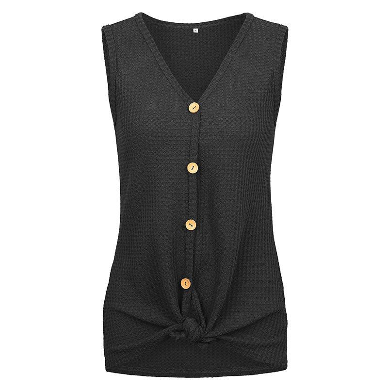 Hot Sale Women Solid Color V Neck Sleeveless Single-breasted Stretchy Tank Top