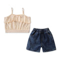 2 Pcs Girl Ruffled Spaghetti Strap Tops And Denim Jeans