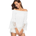 Women Off-the-shoulder Flare Sleeve Patchwork Embroidery Casual Chiffon Top