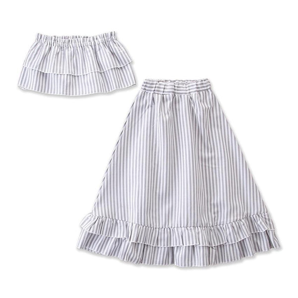 2 Pcs Girl Stripe Print Flounce Strapless Tops And Dress