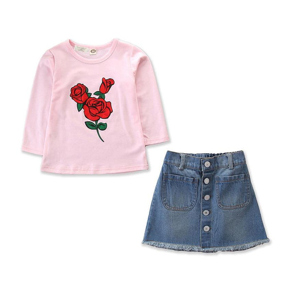 2 Pcs Girl Rose Print Tops And Denim Skirt