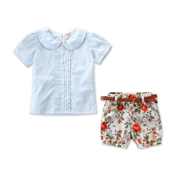 3 Pcs Girl Peter Pan Collar And Floral Print Shorts With Belt
