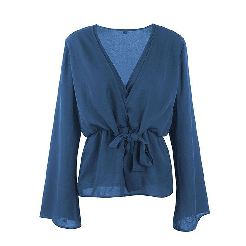 Hot Sale Elegant Women V Neck Flare Sleeve Knotted Blouse