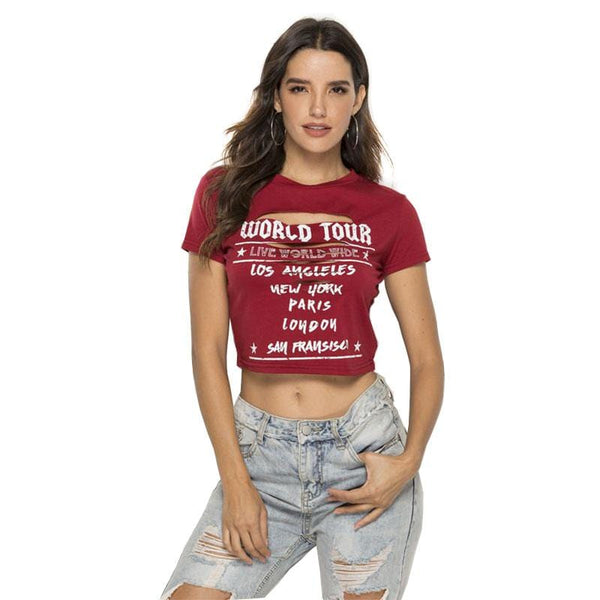 Women Casual Short-sleeve Graphic Print Cut Out Crop T-shirt