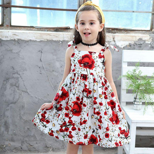Girl Cotton Bright Flower Print Casual Dress