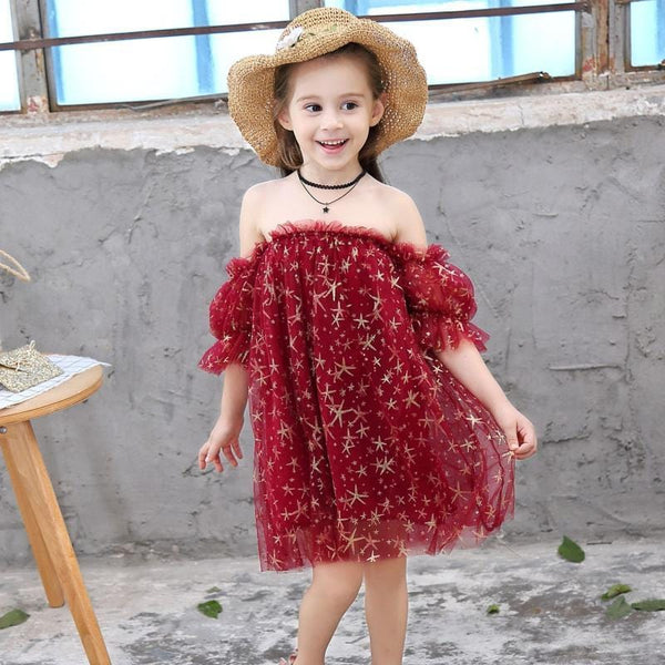 Pretty Girl Shine Star Print Off-shoulder Tutu Dress