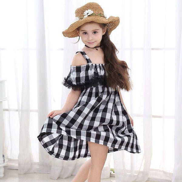 Casual Girls Cotton Plaid Print Off-shoulder Dress