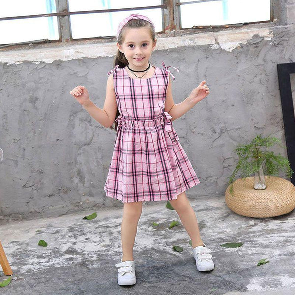 Girl Pink Color Grid Print Sleeveless Dress