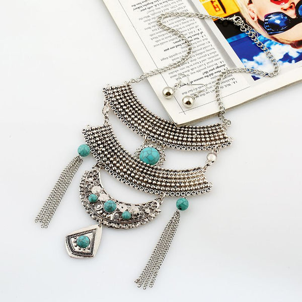 Exaggerated Multilayer Vintage Alloy Pendant Gemstone Tassel Necklace Earrings Set