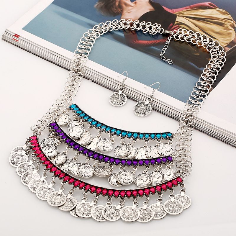 Hot Sale Fashion Women Vintage Style Multilayer Alloy Coin Tassel Necklace Earrings Set