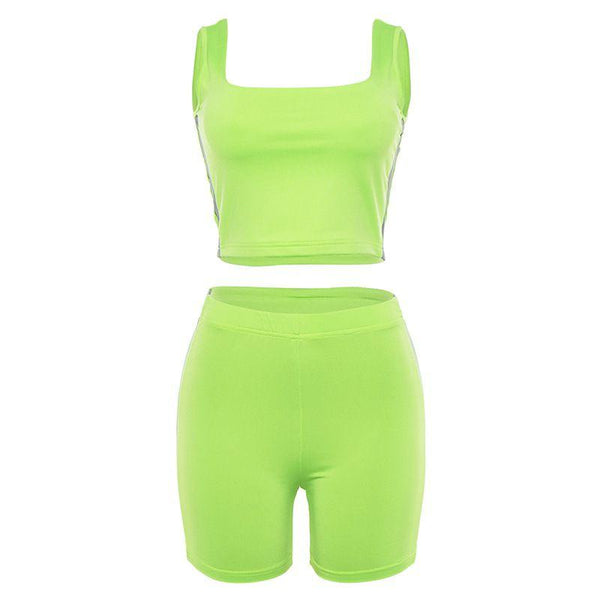 Women Neon Color Workout Tank Shorts Sportswear Set