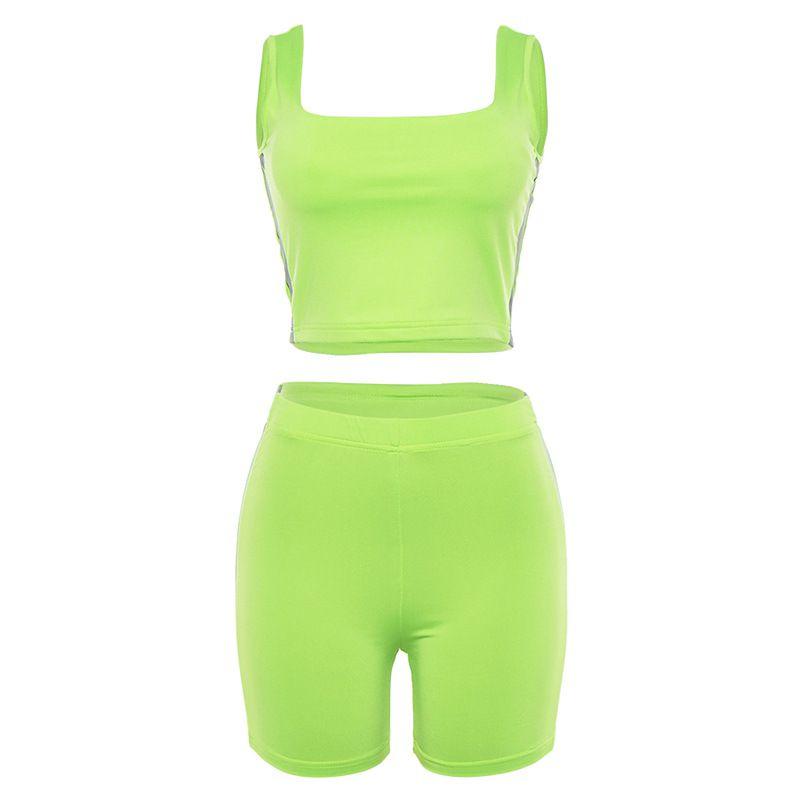 Women Neon Color Workout Tank Shorts Sportswear Set