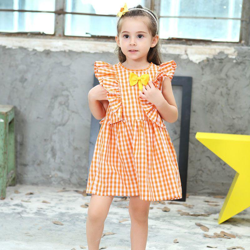 Girl Cotton Orange Plaid Print Bowknot Design Dress