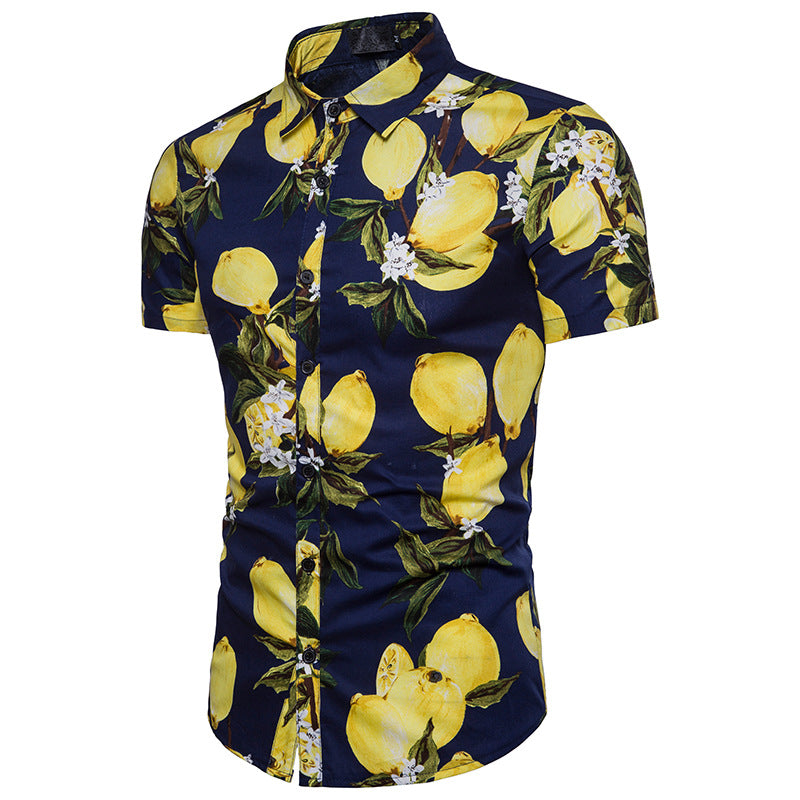 Beach Style Men Cotton Lemon Print Short Sleeves Shirts