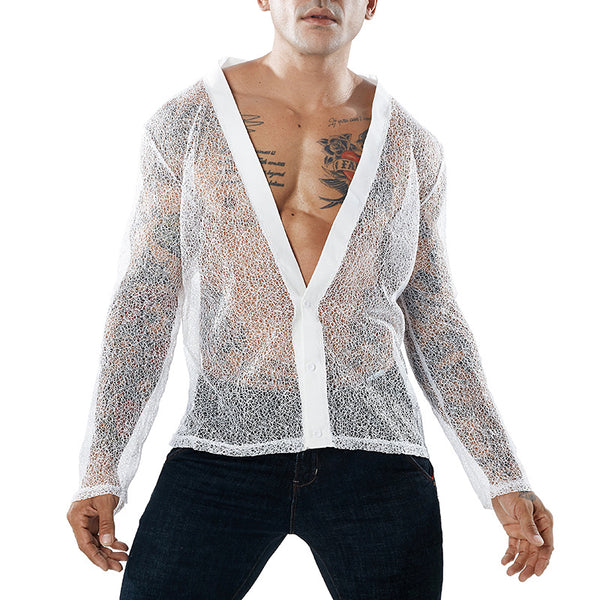 Men Solid Color See-through Mesh Design Long Sleeves Tops