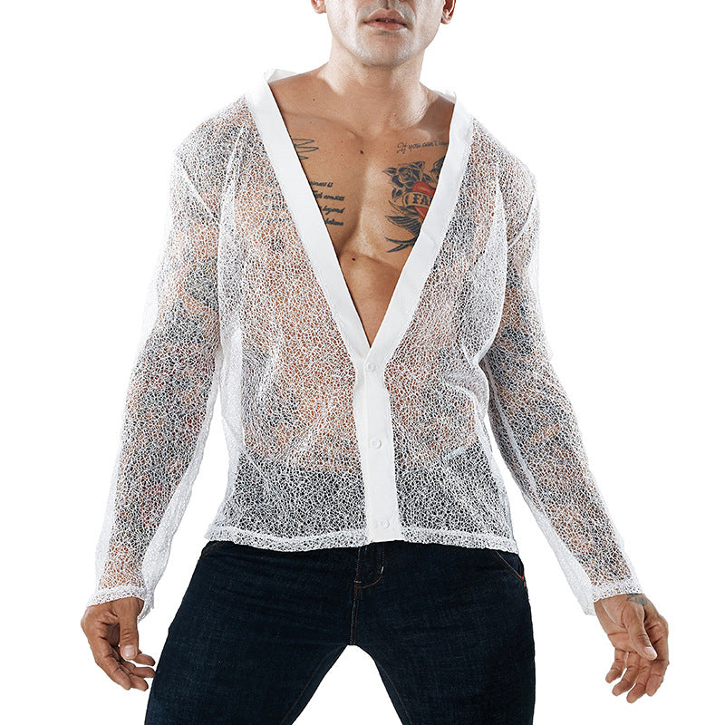 Men Solid Color See-through Mesh Design Long Sleeves Tops