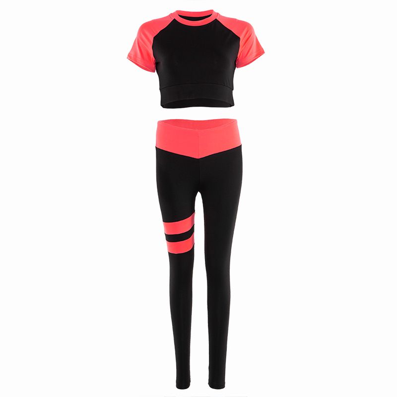 Hot Sale Women Color Blocking Short-sleeve Yoga Crop Top And Leggings Set