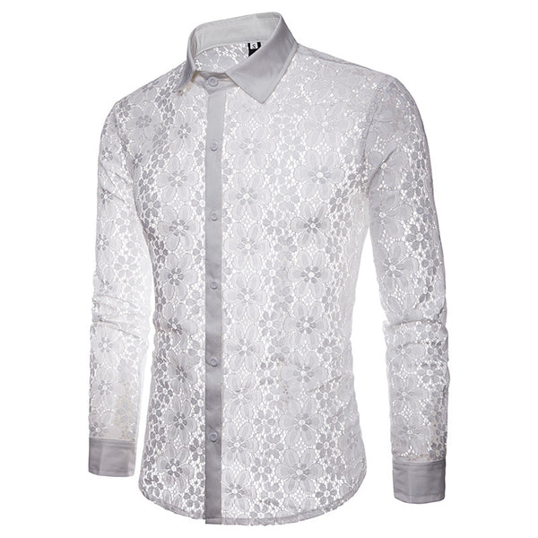 Men Lace Design Solid Color Long Sleeves Lapel Shirts