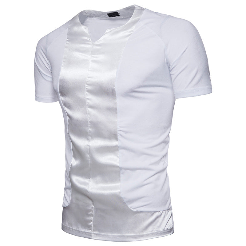 Men Cotton V Neck Solid Color Patchwork Short Sleeves T-Shirts