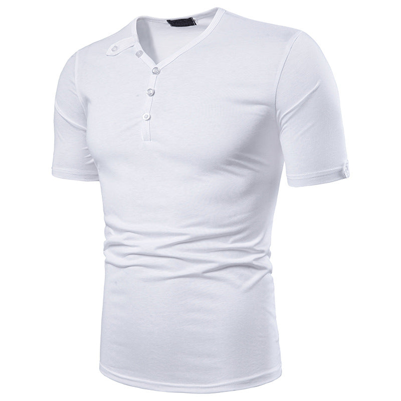 Men Polyester V Neck Button Design Short Sleeves T-Shirts