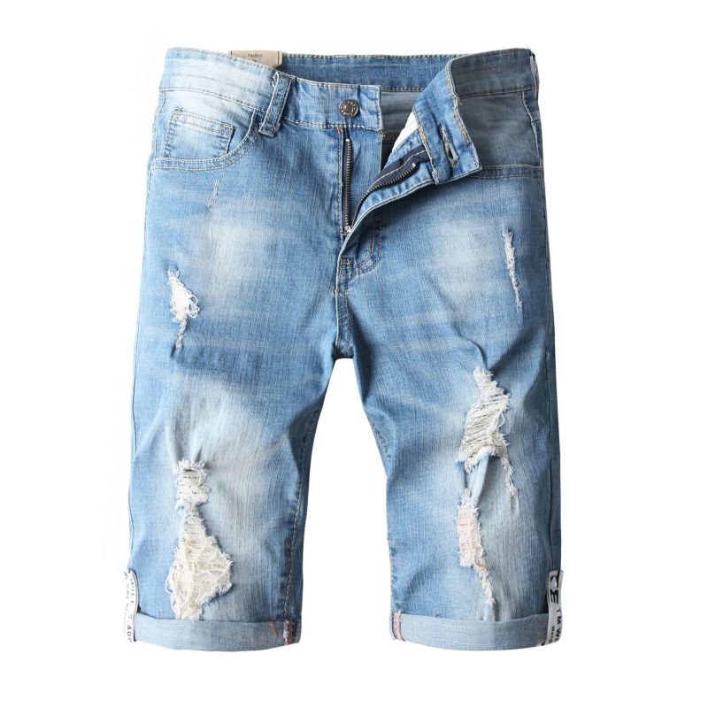 Men Cotton Ripped Zipper Design Slim Fit Denim Shorts