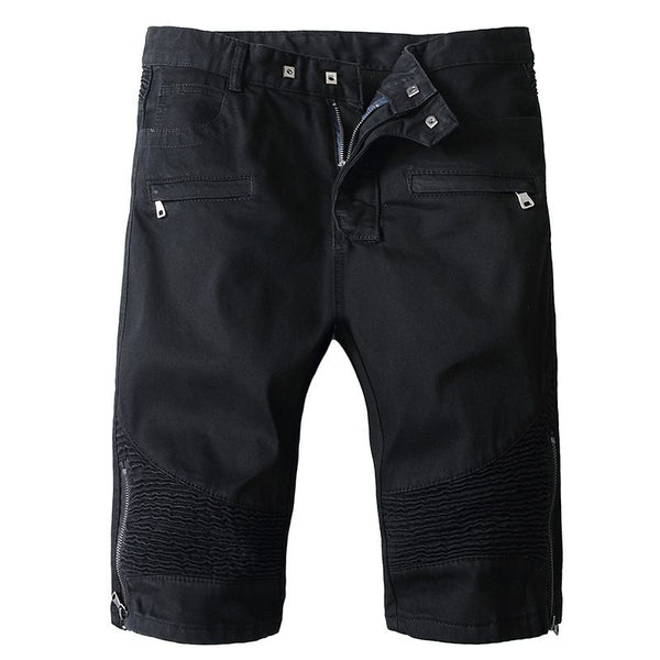 High Street Men Solid Color Zipper Denim Shorts