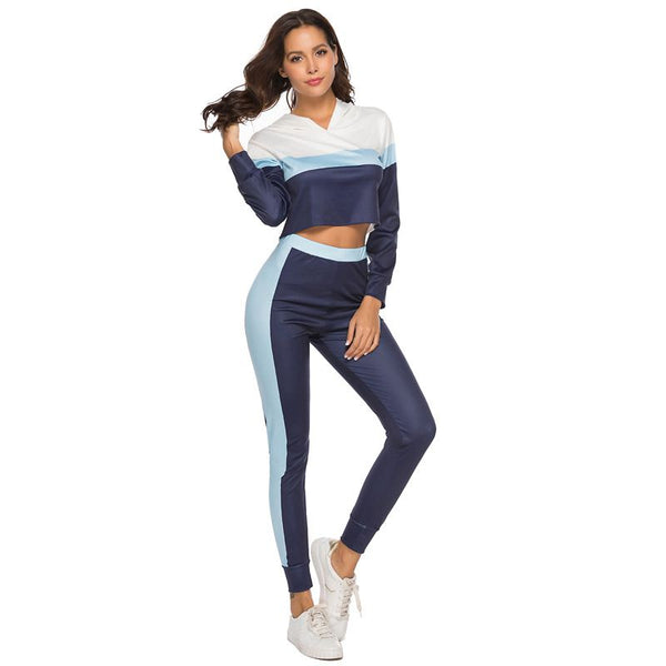 Hot Sale Women Color Blocking Long-sleeve Sport Cropped Hoodies And Pants Set